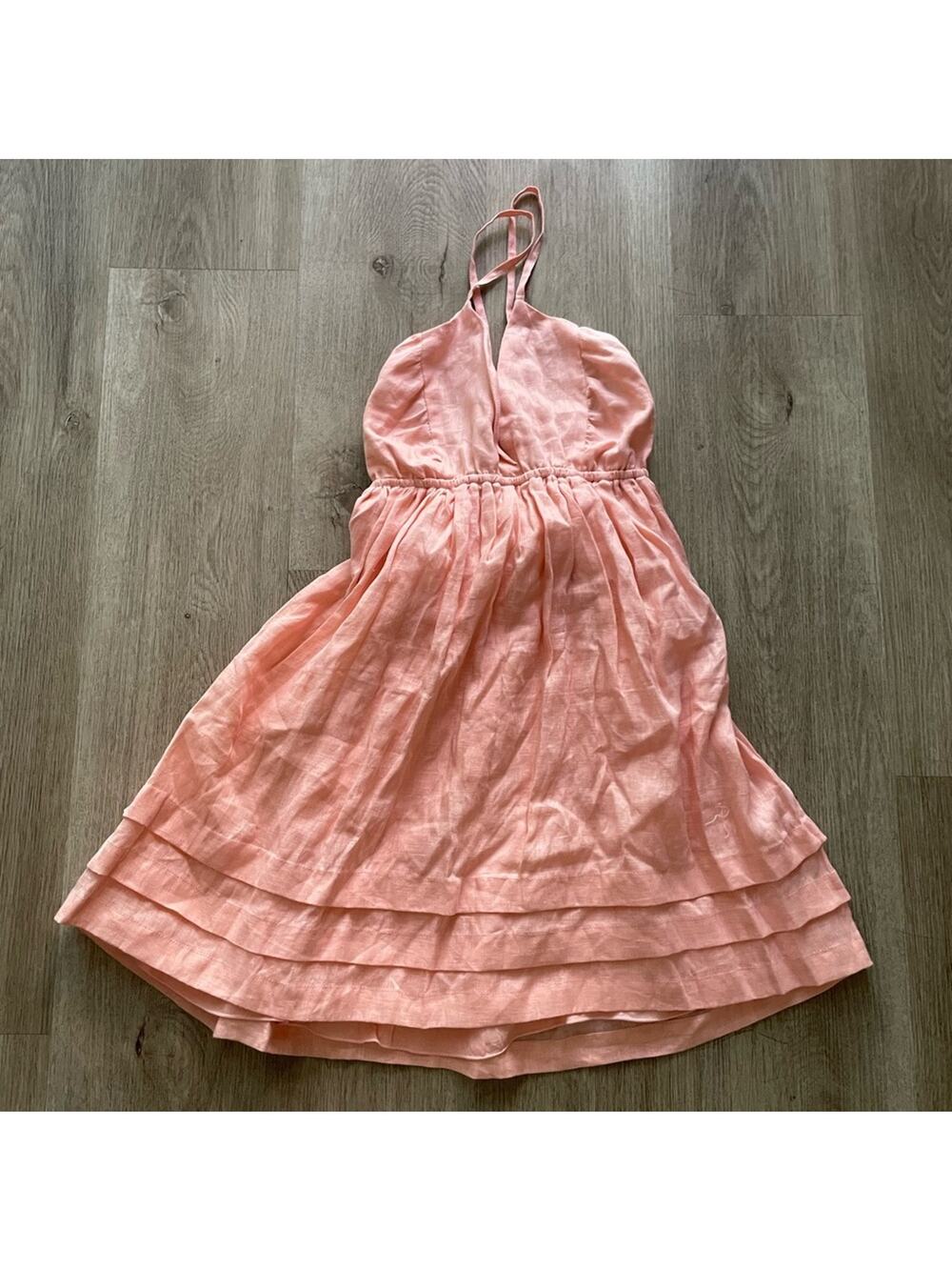 lusana gemma pink linen deep v neck fit & flare mini summer sun dress small NEW